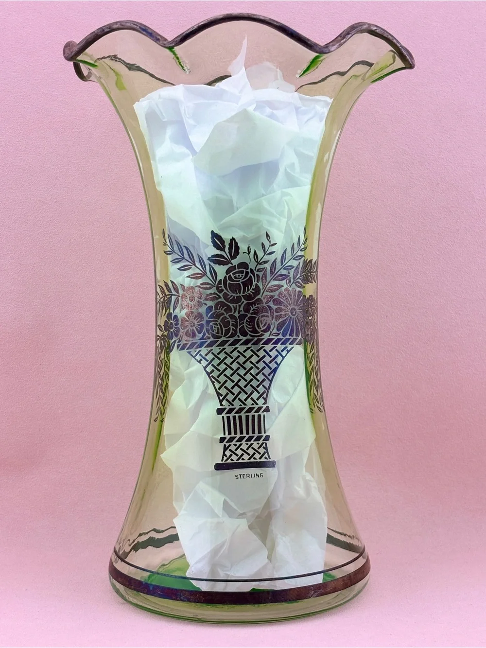 Vintage Art Deco Uranium Glass Vase With Sterling Silver Overlay